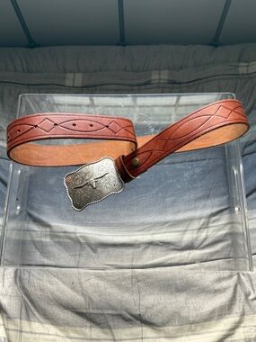 Women's Embossed Tan Leather Belt with Decorative Silver Buckle